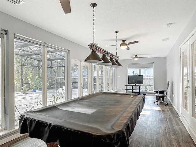 rec room featuring dark wood-type flooring, billiards, baseboards, and ceiling fan