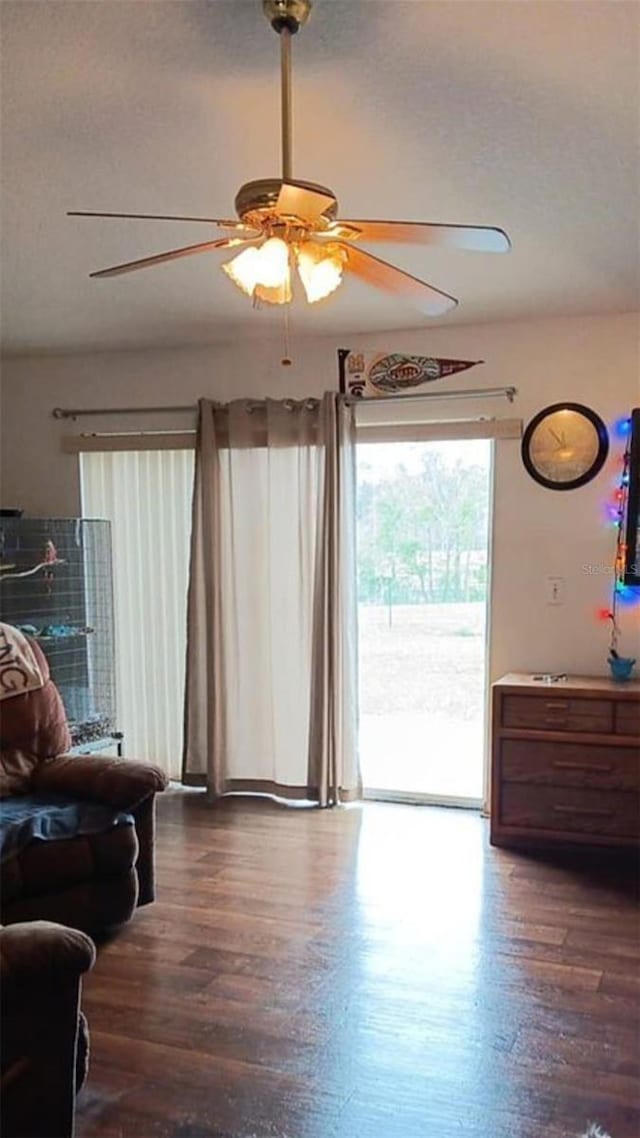living area with a ceiling fan and wood finished floors