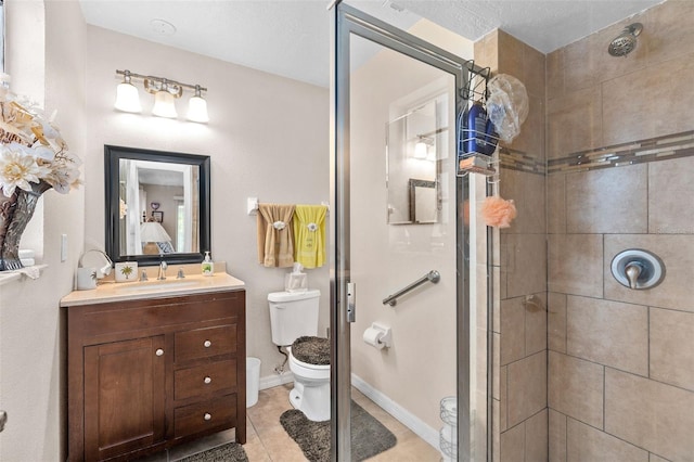 full bath featuring toilet, tile patterned floors, and a stall shower