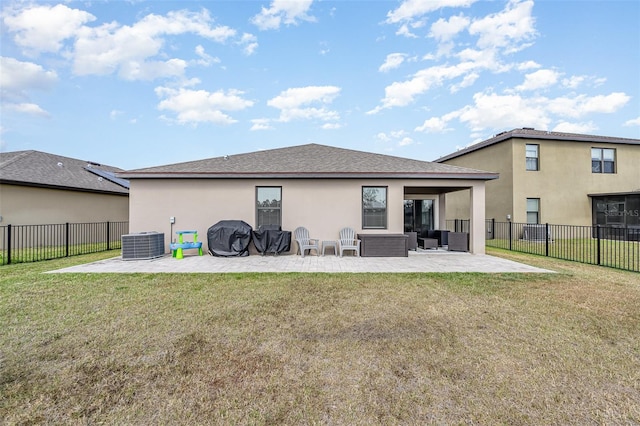 4601 Talbot Blvd, Cocoa, FL 32926 - rear view of house featuring outdoor lounge area, a patio, a fenced backyard, stucco siding, and central air condition unit