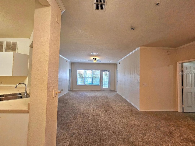 3577 Conroy Rd Unit 331, Orlando, FL 32839 - unfurnished living room with a sink, a textured ceiling, carpet, visible vents, and ornamental molding