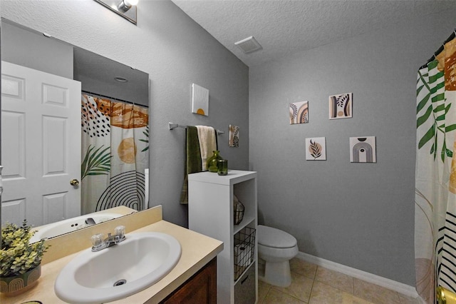 2806 Polson Dr, Kissimmee, FL 34758 - bathroom with tile patterned floors, toilet, vanity, a textured ceiling, and curtained shower