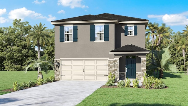 view of front of property featuring an attached garage, stucco siding, a front yard, and stone siding