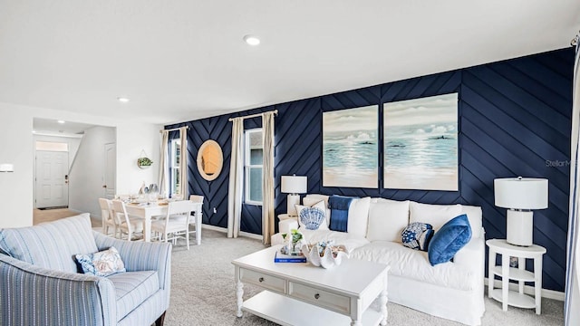 living area featuring carpet floors, recessed lighting, and baseboards