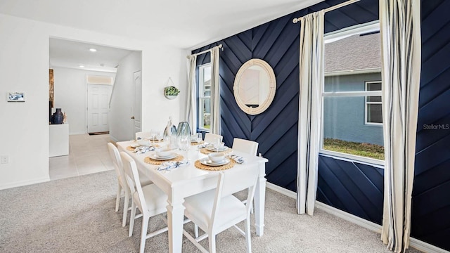 dining area featuring carpet floors, baseboards, and recessed lighting