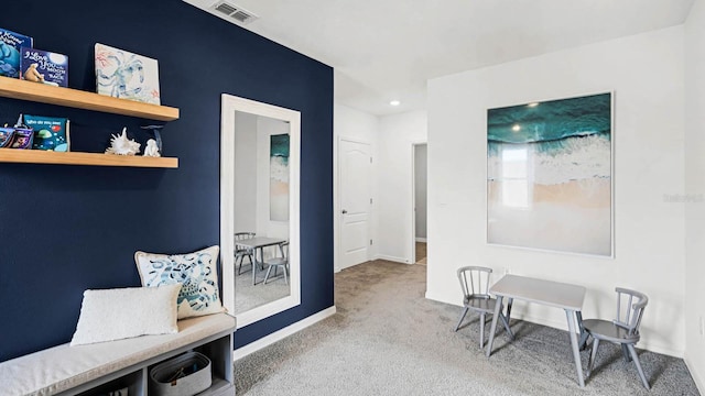 office with carpet flooring, recessed lighting, baseboards, and visible vents