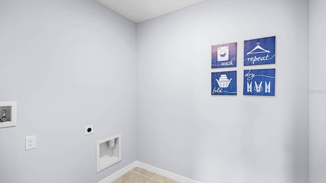 laundry area featuring washer hookup, hookup for an electric dryer, laundry area, baseboards, and light tile patterned flooring