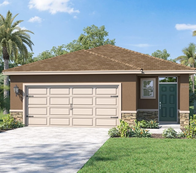 view of front of house featuring a front lawn, stone siding, a garage, stucco siding, and concrete driveway