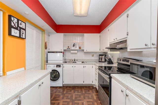 kitchen with washer / clothes dryer, white cabinets, and stainless steel electric range oven