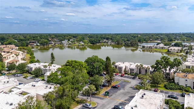 drone / aerial view with a water view