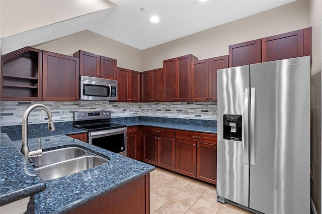 8031 Enchantment Dr Unit Ge, Windermere, FL 34786 - kitchen featuring dark stone countertops, decorative backsplash, stainless steel appliances, and a sink