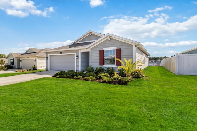 single story home featuring a garage, a front lawn, fence, and driveway