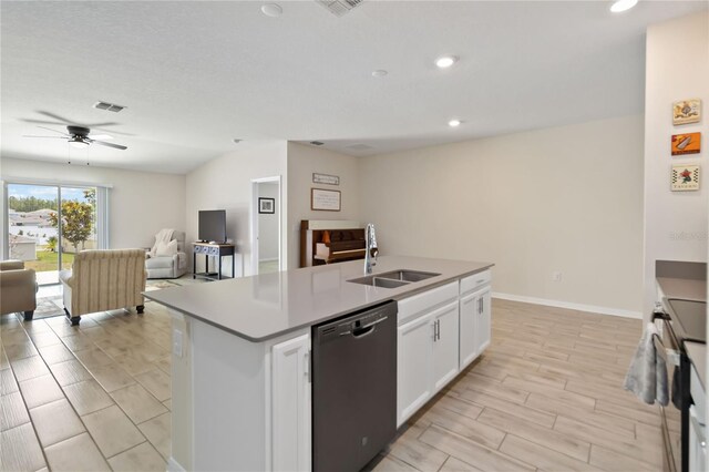 5347 Travertine St, Mount Dora, FL 32757 - kitchen with a sink, dishwasher, a ceiling fan, open floor plan, and white cabinetry