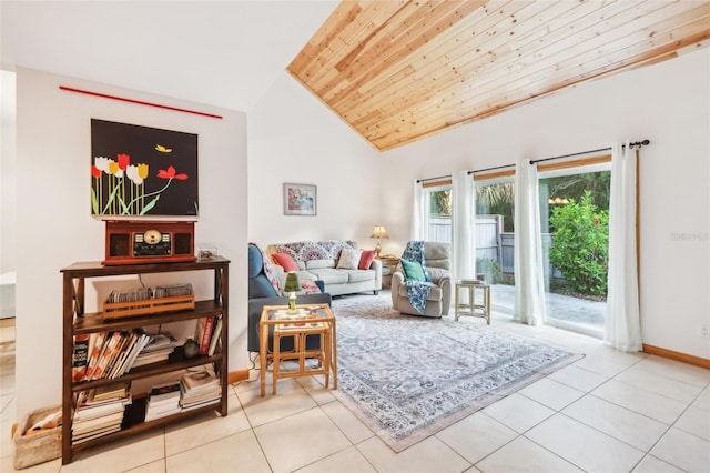 tiled living room with baseboards, wood ceiling, and high vaulted ceiling