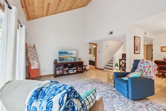 living area featuring stairway, wooden ceiling, tile patterned floors, and visible vents
