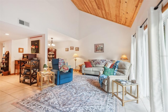living area with visible vents, high vaulted ceiling, tile patterned floors, and wooden ceiling