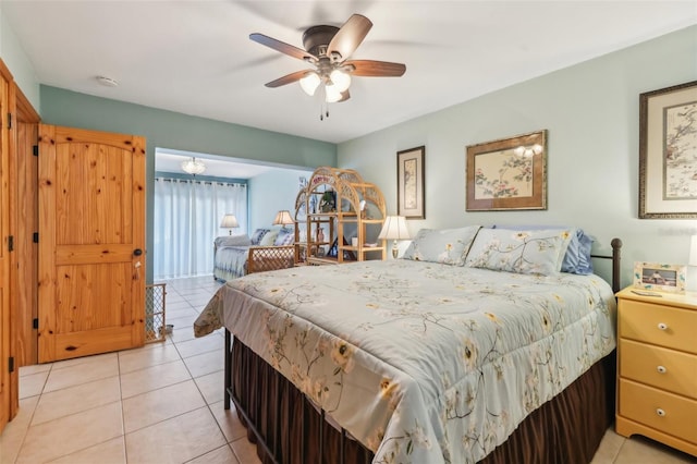 bedroom featuring ceiling fan and light tile patterned floors