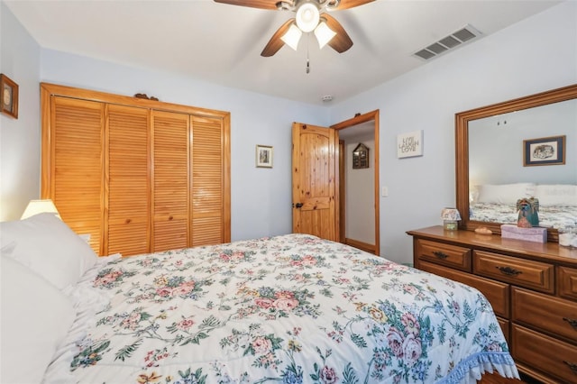 bedroom featuring visible vents, ceiling fan, and a closet