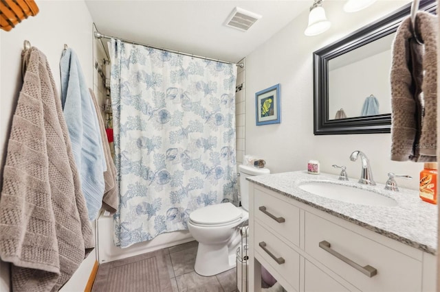 bathroom featuring visible vents, tile patterned flooring, vanity, toilet, and shower / bathtub combination with curtain
