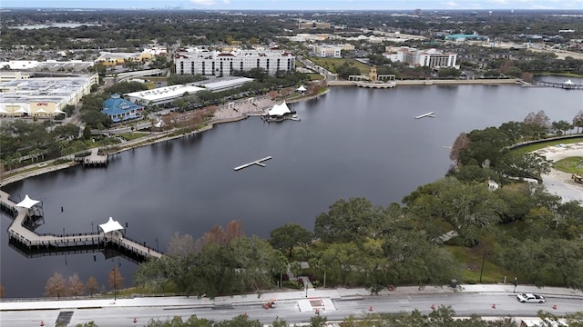 drone / aerial view with a water view