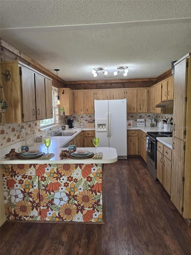 kitchen with stainless steel electric range, a sink, dark wood-style floors, white fridge with ice dispenser, and under cabinet range hood
