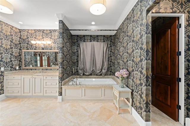 9730 Lounsberry Cir, Golden Oak, FL 32836 - bathroom featuring wallpapered walls, crown molding, baseboards, a garden tub, and vanity
