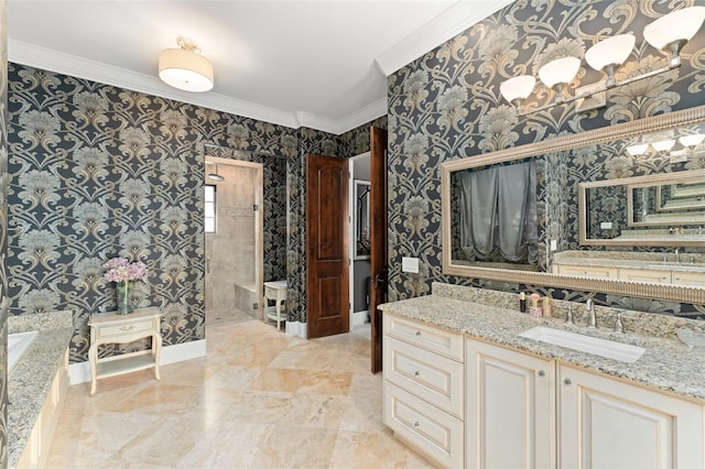 9730 Lounsberry Cir, Golden Oak, FL 32836 - bathroom featuring crown molding, wallpapered walls, tiled shower, a garden tub, and vanity