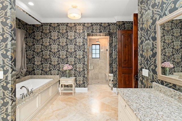 9730 Lounsberry Cir, Golden Oak, FL 32836 - full bathroom featuring crown molding, a garden tub, wallpapered walls, walk in shower, and vanity