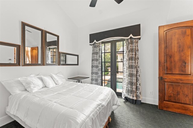 9730 Lounsberry Cir, Golden Oak, FL 32836 - bedroom featuring dark colored carpet, vaulted ceiling, baseboards, and a ceiling fan