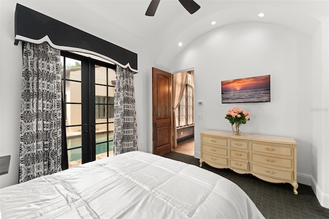 9730 Lounsberry Cir, Golden Oak, FL 32836 - carpeted bedroom featuring french doors, baseboards, recessed lighting, lofted ceiling, and ceiling fan