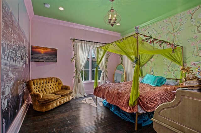 9730 Lounsberry Cir, Golden Oak, FL 32836 - bedroom with ornamental molding, hardwood / wood-style flooring, baseboards, and a chandelier