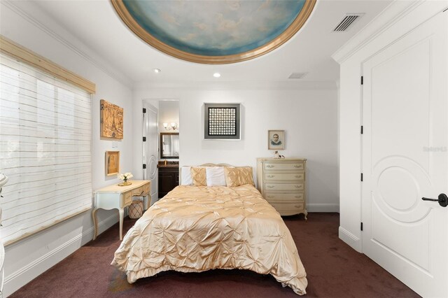 9730 Lounsberry Cir, Golden Oak, FL 32836 - bedroom featuring dark colored carpet, crown molding, baseboards, and ensuite bathroom