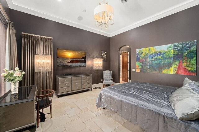 9730 Lounsberry Cir, Golden Oak, FL 32836 - bedroom with a chandelier, arched walkways, and ornamental molding