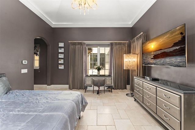 9730 Lounsberry Cir, Golden Oak, FL 32836 - bedroom with a chandelier, arched walkways, and crown molding