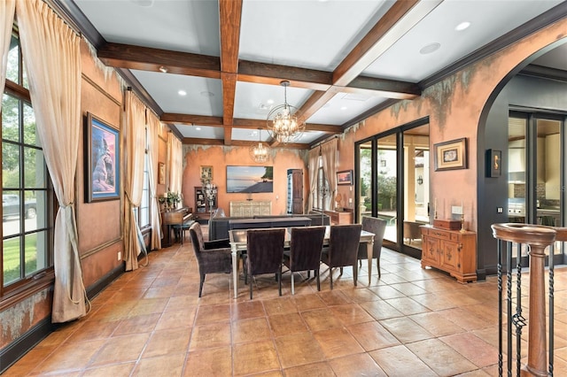 9730 Lounsberry Cir, Golden Oak, FL 32836 - dining area with beamed ceiling, arched walkways, plenty of natural light, coffered ceiling, and a chandelier