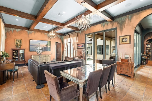 9730 Lounsberry Cir, Golden Oak, FL 32836 - dining space with a chandelier, coffered ceiling, beam ceiling, arched walkways, and baseboards