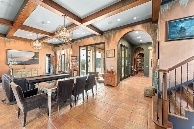 9730 Lounsberry Cir, Golden Oak, FL 32836 - common area featuring beam ceiling, stairs, and coffered ceiling