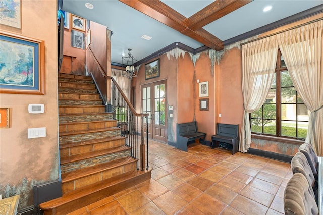 9730 Lounsberry Cir, Golden Oak, FL 32836 - stairway featuring baseboards, plenty of natural light, beamed ceiling, a chandelier, and french doors