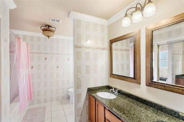 full bathroom with visible vents, crown molding, tile patterned flooring, vanity, and toilet