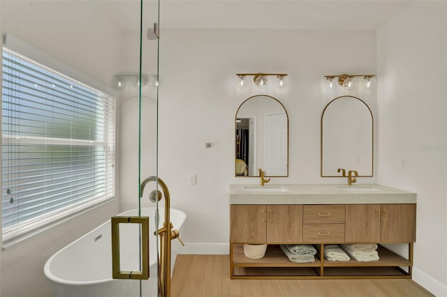 bathroom featuring double vanity, a sink, wood finished floors, and a wealth of natural light