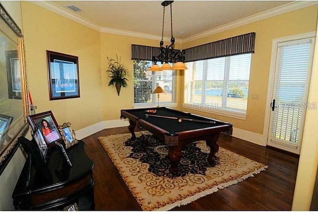 rec room featuring crown molding, baseboards, billiards, and wood finished floors