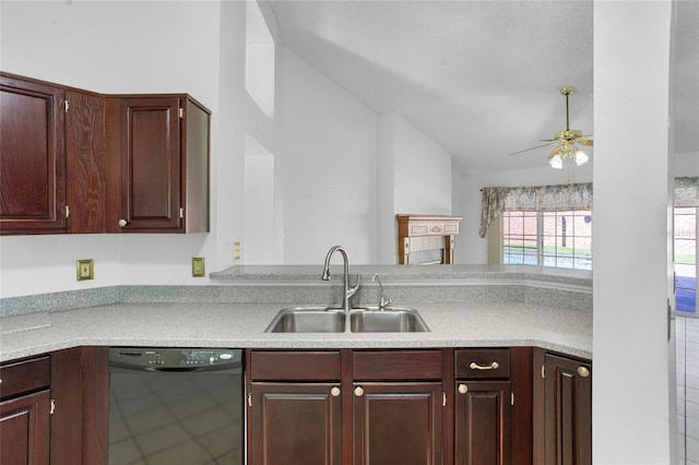 3137 Timucua Cir, Orlando, FL 32837 - kitchen with black dishwasher, vaulted ceiling, light countertops, and ceiling fan