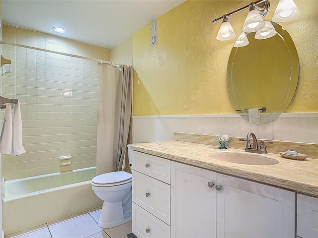 bathroom with visible vents, tile patterned flooring, vanity, toilet, and shower / tub combo with curtain