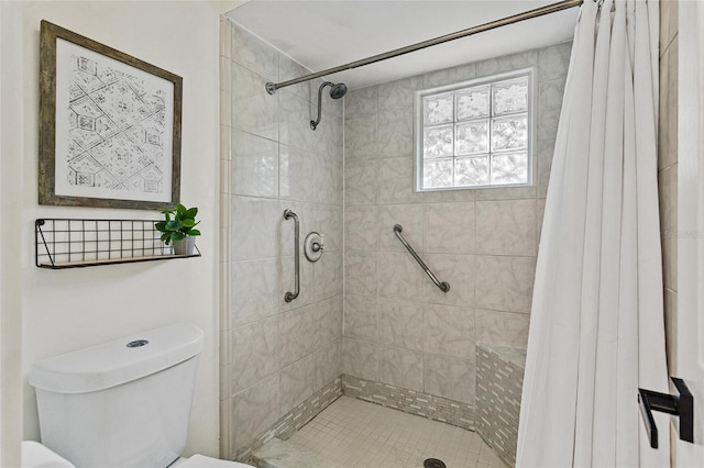 bathroom with a stall shower and toilet