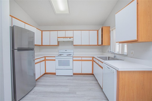 13434 Mallard Cove Blvd, Orlando, FL 32837 - kitchen featuring white appliances, a sink, under cabinet range hood, light wood finished floors, and light countertops