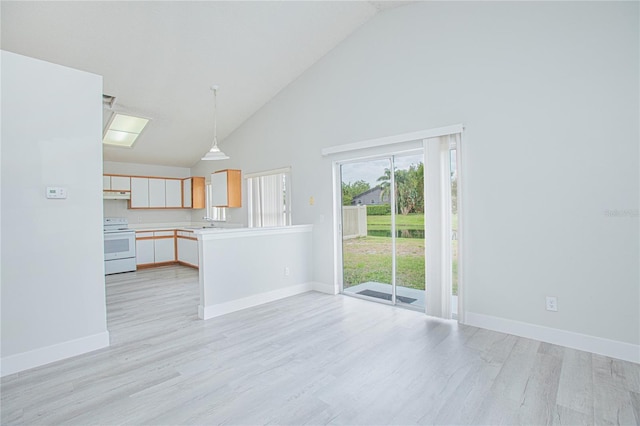 13434 Mallard Cove Blvd, Orlando, FL 32837 - unfurnished living room featuring high vaulted ceiling, light wood-style flooring, baseboards, and a sink