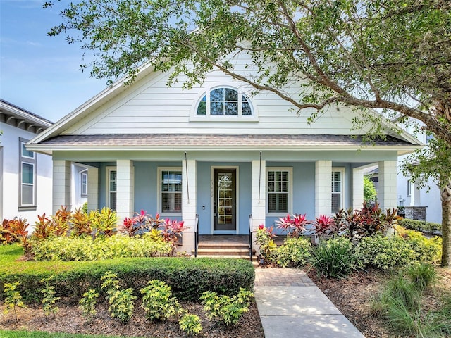 view of front of house featuring covered porch and roof with shingles
