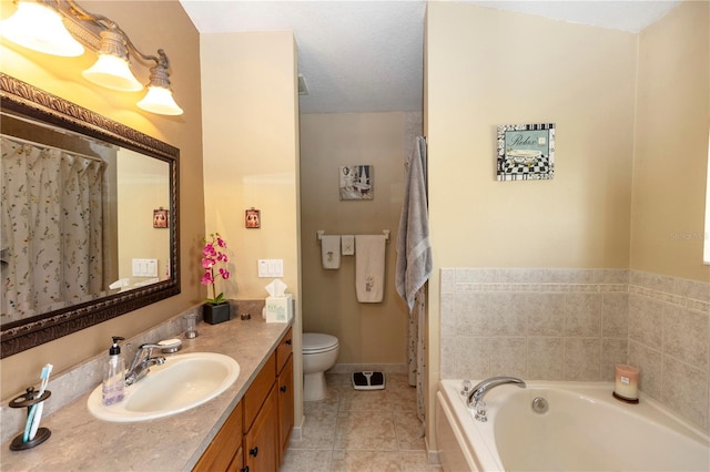 full bath with tile patterned flooring, vanity, toilet, baseboards, and a bath