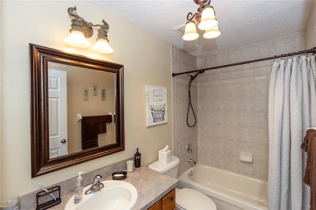 bathroom featuring vanity, toilet, a textured ceiling, and shower / bath combination with curtain