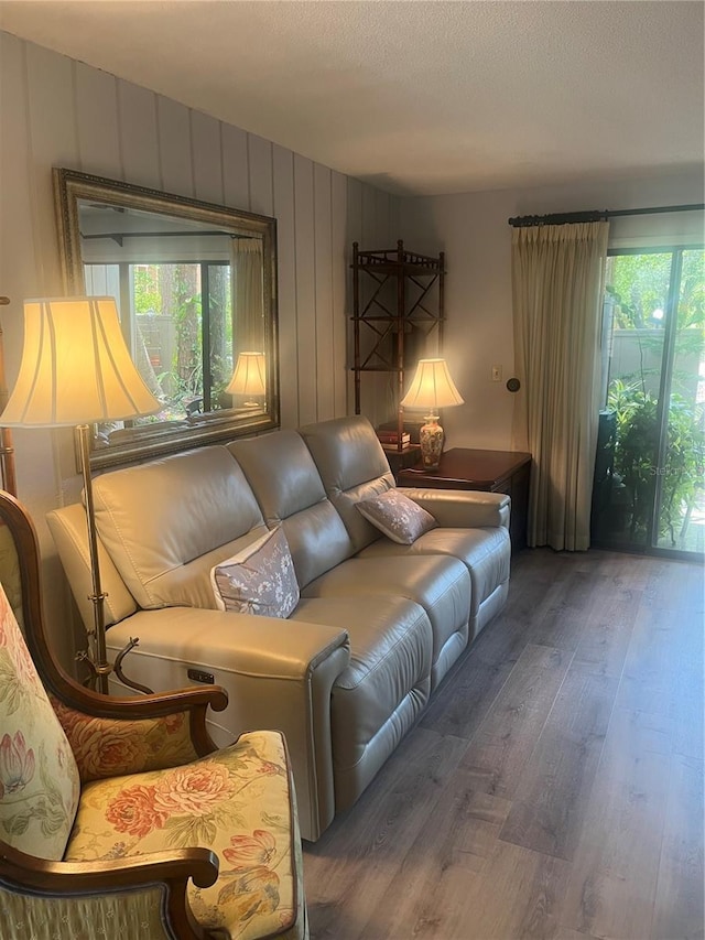 living area featuring a textured ceiling and wood finished floors